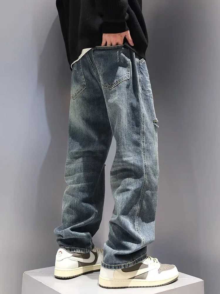 Mens Baggy Ripped Jeans Fashion Hip Hop Hole Streetwear Distressed Washed Trousers Straight Loose American Denim PantsT250319