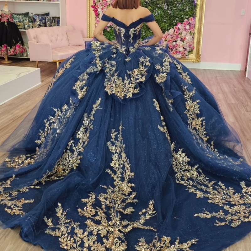 Navy Blue Shiny Off Shoulder Quinceanera Dresses Gold Applique Lace Beads Bow Tull Party Birthday Sweet 16 Dress Vestidos 15 De Anos