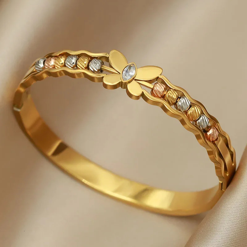 316L Stainless Steel Metal Beads Cross Bangles bracelets for Women Fashion Jewelry Multicolor Butterfly Flower Bangles 250320