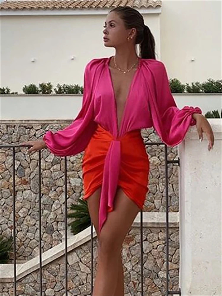 Articat Sexy Deep V-neck Satin Two Piece Set Women Long Sleeve Top Short Skirt Sets Matching Casual Partywear Winter Women Set 250320