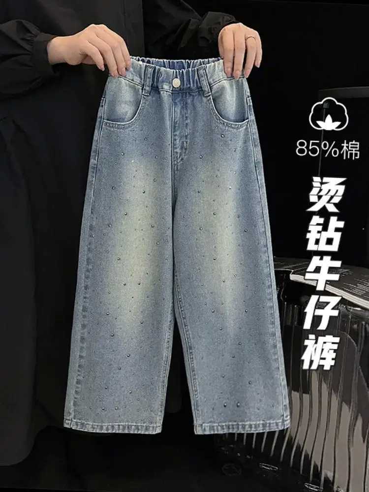 Girls hot print jeans spring/summer new style childrens loose straight leg pants Korean version girls wide leg pantsT2502320