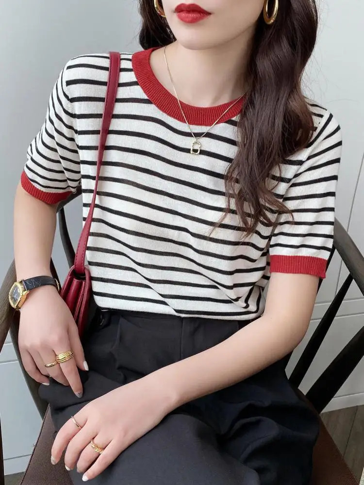 2025 Stripe Tops Women Knitted Round Collar Summer Print Short Sleeve Casual Simple Wild T-Shirt 250320