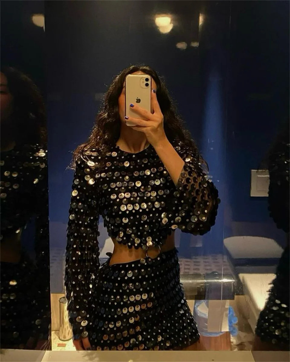Sequins Hollow Out Mini Dress Womens Fashion Long Flare Sleeve Slim Glitter Dresses High Street Evening Party Club 250317