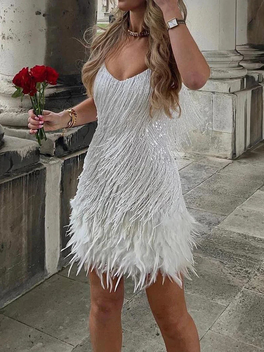 Womens spaghetti strap sequin evening gown y sleeveless Vneck Tassel Feather Club party summer short dress para mujer 250317