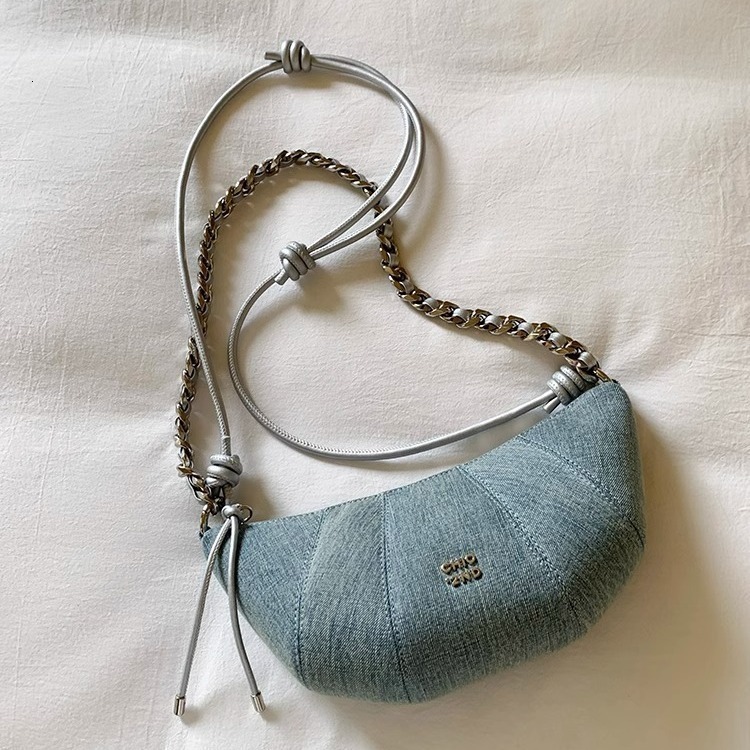 Zurich Street Corner Crescent Bag, Niche Denim Blue Shoulder Crossbody Bag, Women's Horn Bag