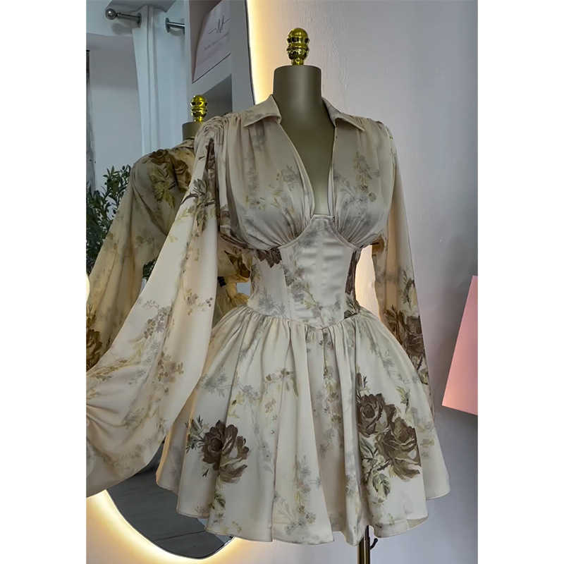Women's Spring New Style Elegant Printed V-neck Lantern Sleeve High waisted Dress Short Skirt 250315