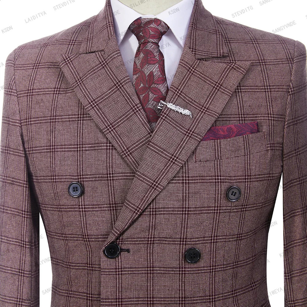 Mens Wedding Plaid Burgundy Blazers Jacket Pants Vest 3 Pcs Set 2025 Slim Fit Business Tuxedo Dress Classic Formal Suits Coat 250311