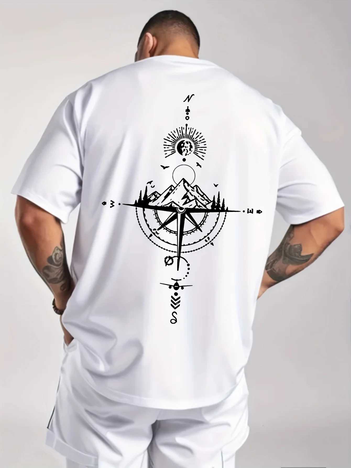 Summer mens 100% pure cotton casual sports loose retro compass print comfortable round neck short sleeved T-shirtT250319