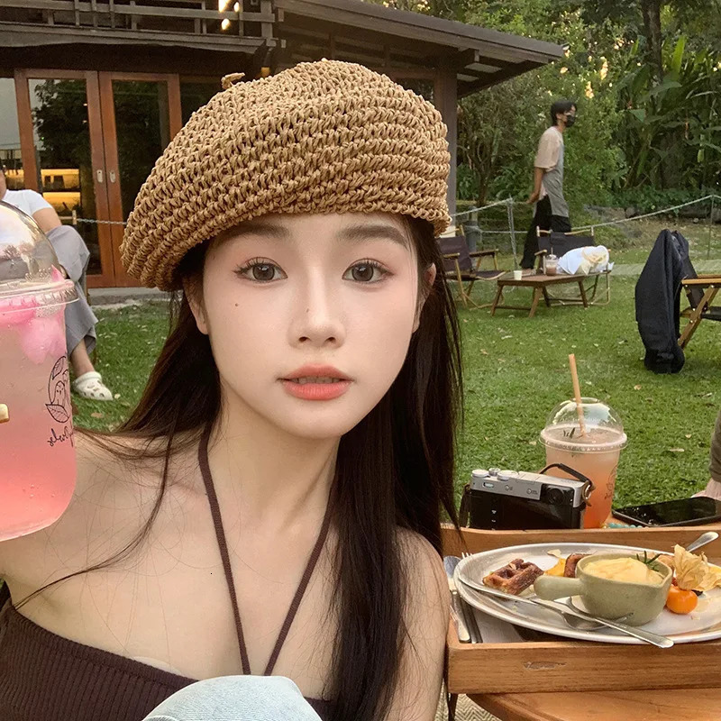 Summer Straw Berets for Women Ins Crochet Straw Hat Female Cool Cap Outdoor Spring Beach Hat Boina Gift 250320