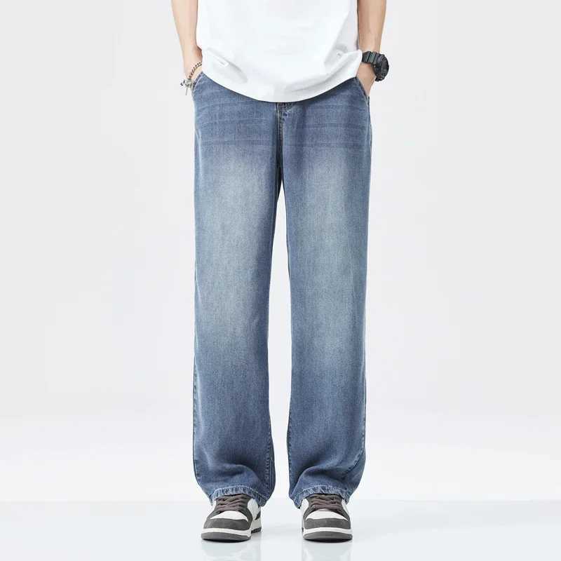 New Lyocell wide pocket jeans for mens fashion Korean straight stretch mens casual denim pantsT250319