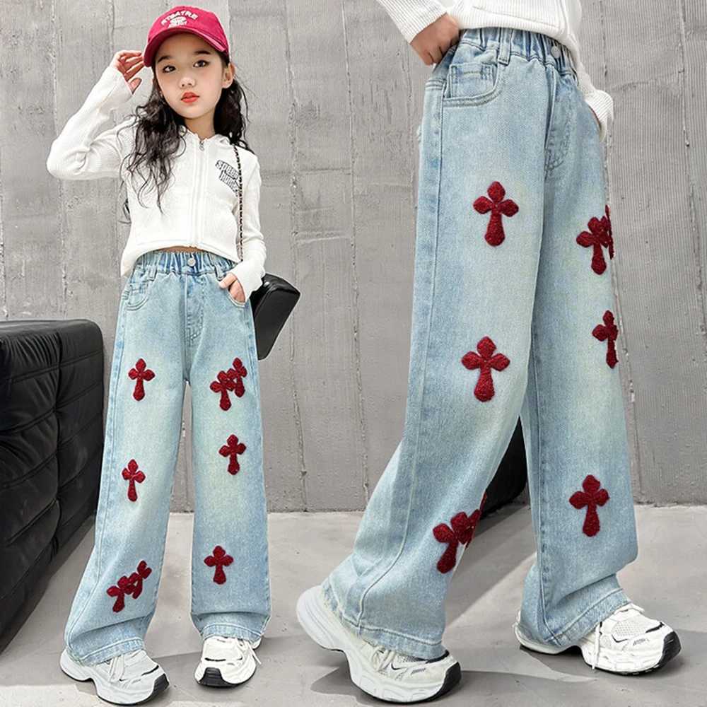 Spring Autumn Teenage Girls Jeans Child Towel Embroidered Wide Leg Long Pants Baggy Denim Trousers for Kids 6 8 10 12 14YrsT250326