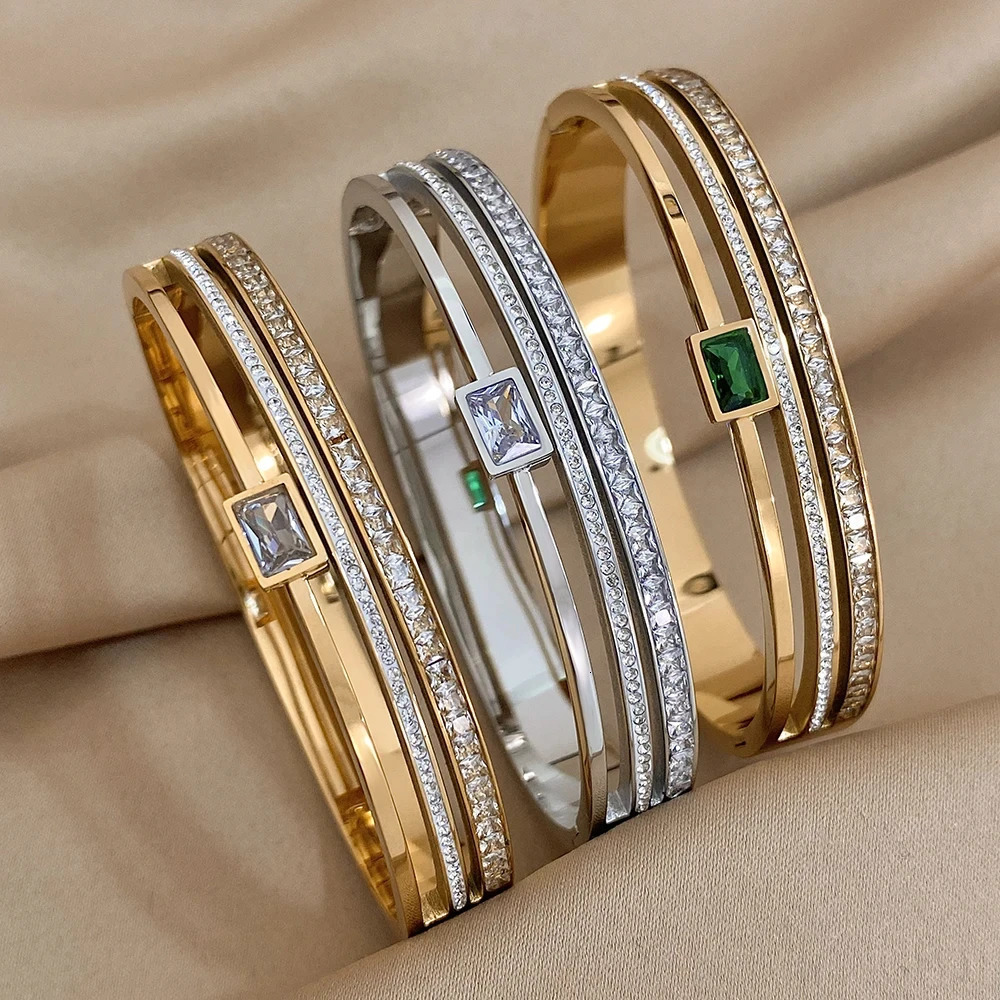 CARLIDANA High Quality Green White Rhinestone Deluxe Wide Bracelet Stainless Steel Waterproof for Women Bangle Party Jewelry 250320