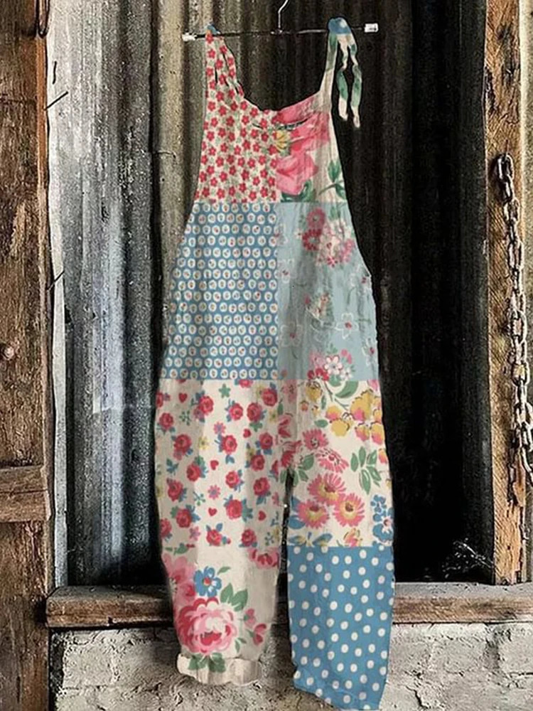 2024 casual fashion elegant womens loose adjustable hanging jumpsuit retro floral geometric print wide leg 250320