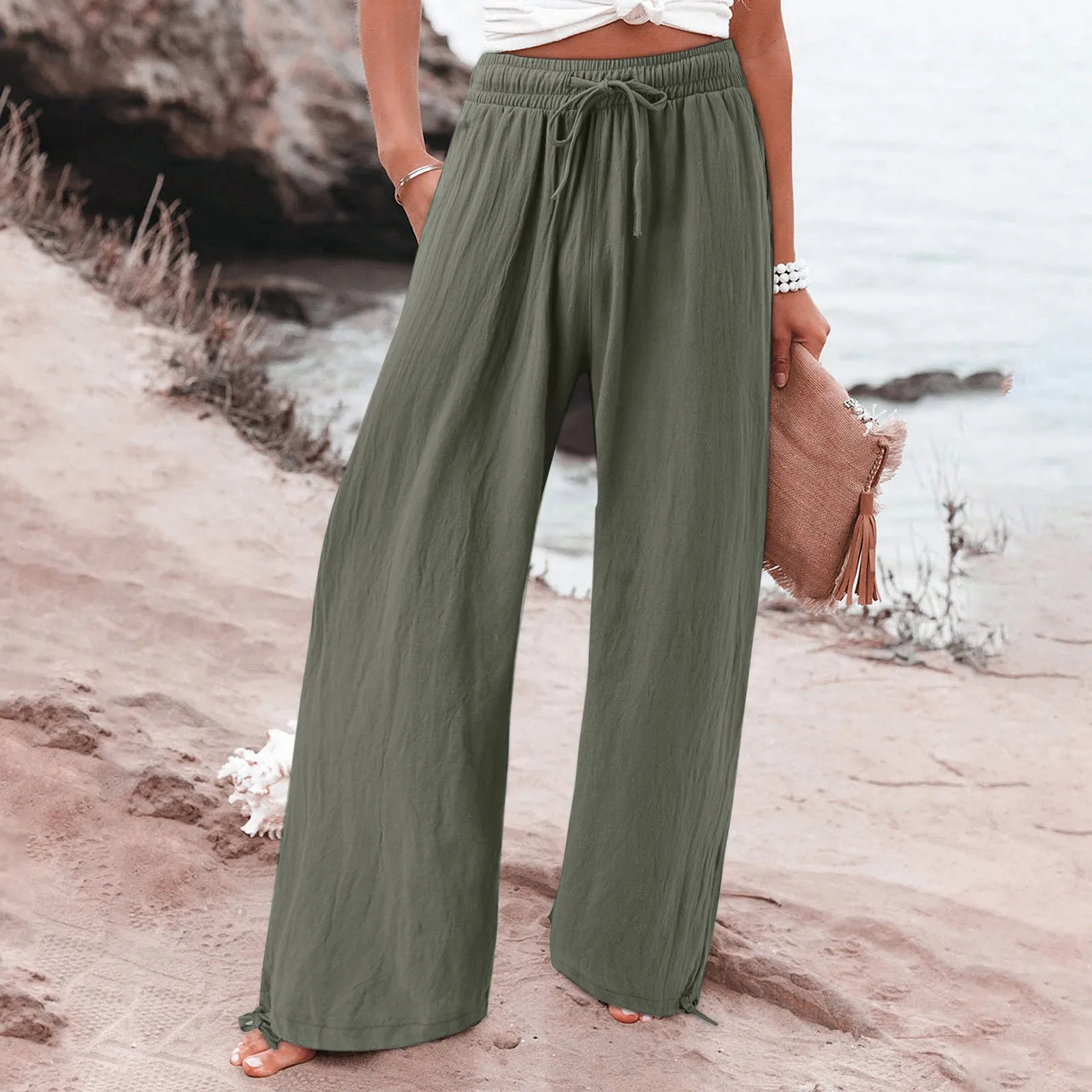 Womens Pant Cotton Linen Pants Drawstring Waist Wide Leg Loose Trousers with Pockets 250320
