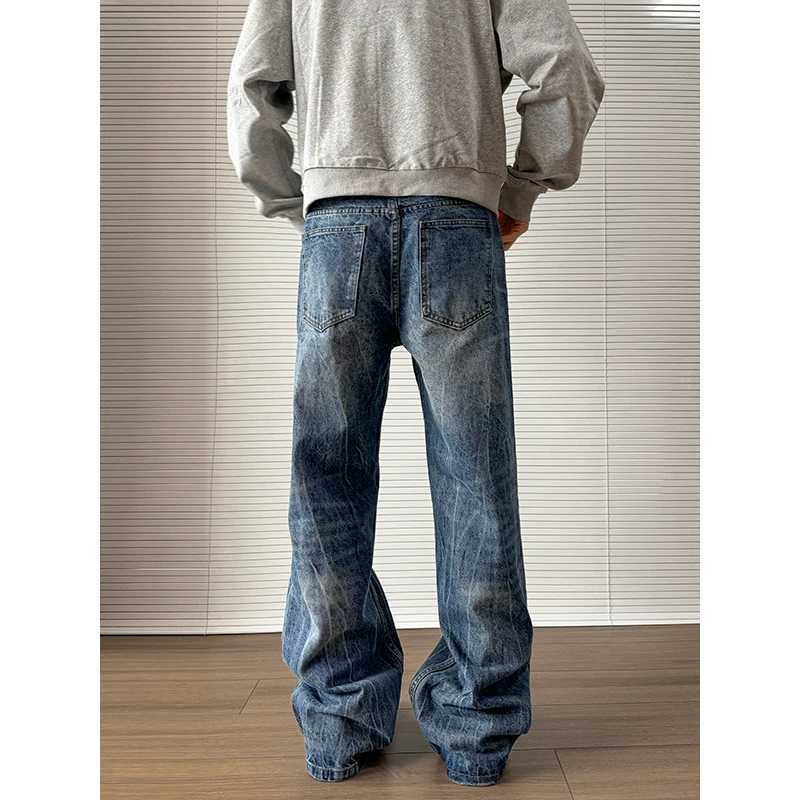 Pocket jeans mens denim pants blue acid washed mens jeans straight casual mens loose wide leg Trousers 2024 new mop pantsT250319