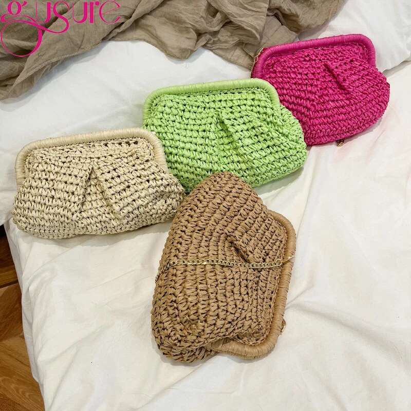 Gusure Summer Designer Shoulder Straw Weaving Clutch Purse Women Dumpg Crossbody Beach Bag Fashon Cloud Pouch