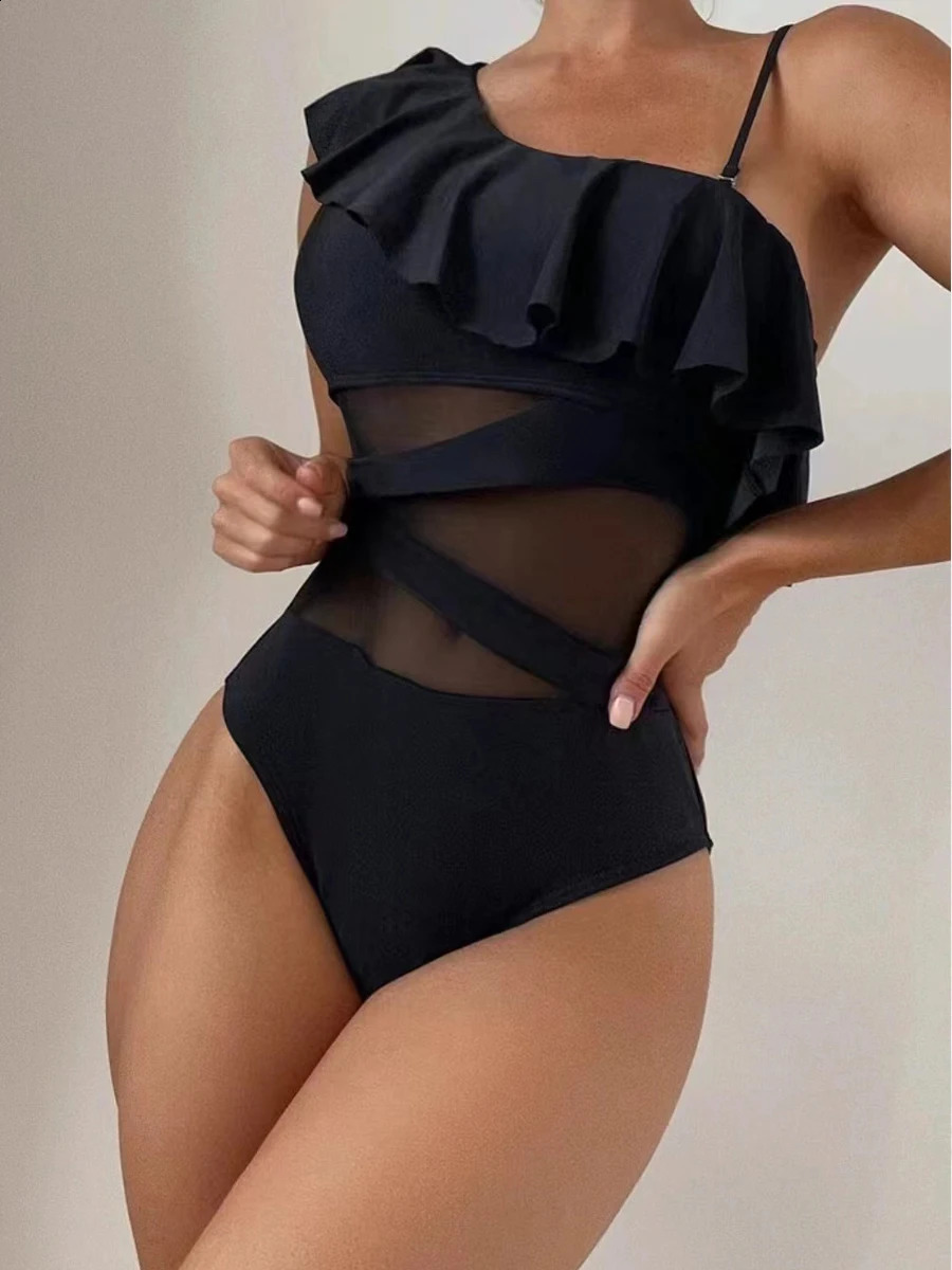 Mesh Solid Swimsuit Sexy Shoulder Strap Womens Backless 250312