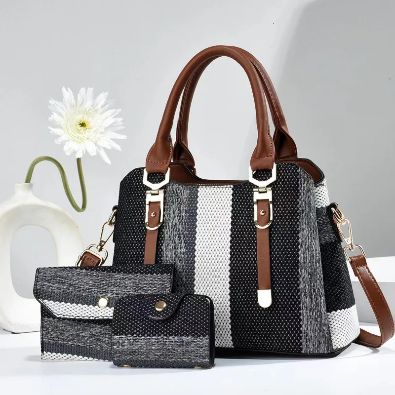 3 Piece Set Womens Bag 2024 Summer Large Womens Handbag with Wallet Vertical Stripes Womens Shoulder Crossbody Bags 250314