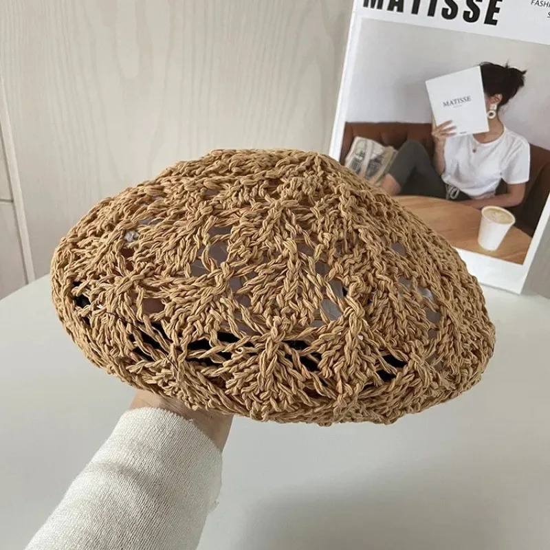 Women Handmade Crochet Beret Cap Solid Color Hollow Out Sweet Floral Weave Lady Leisure Vintage Slouchy Painter Hat 250320
