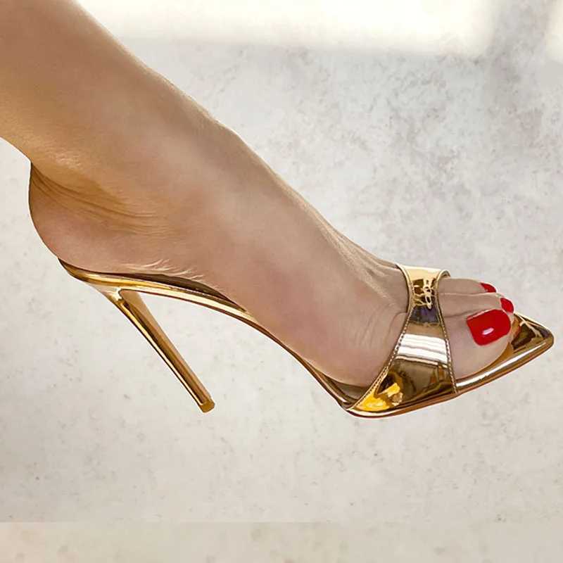 Onlymaker Women Peep Toe Mules Gold Slip On Thin High Sandals Big Size ic Fashion Lady SandalsC250319