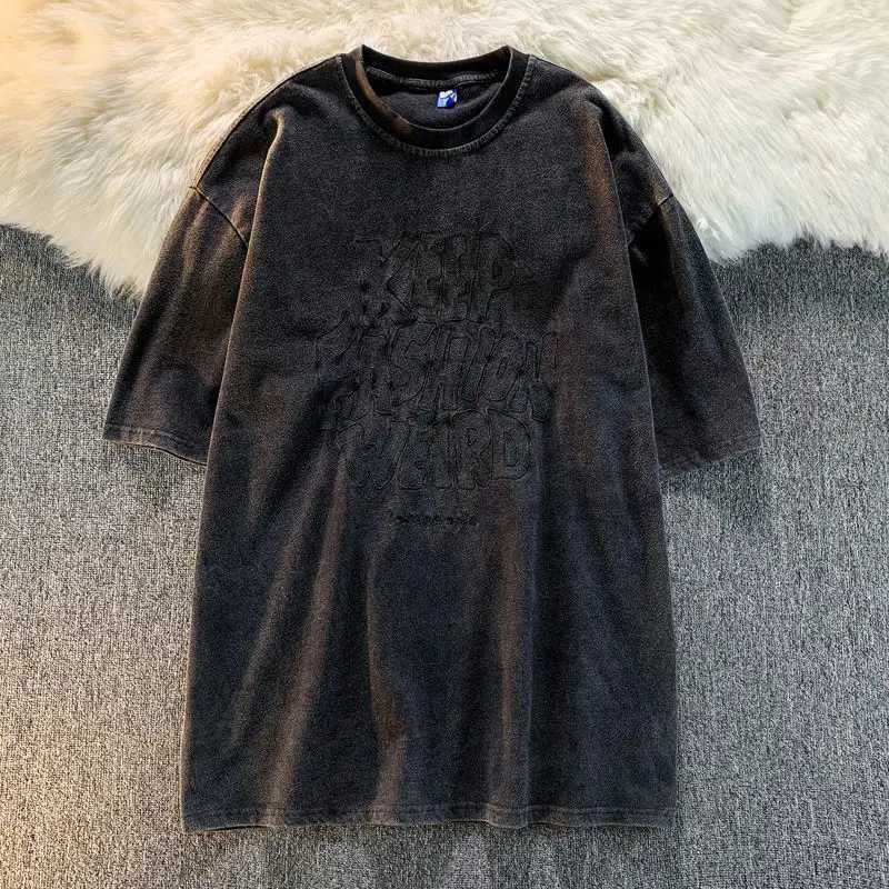 Y2k American chic letter embroidery womens plus size T-shirt street trend cool top 2024 new summer wash black T-shirtT250320