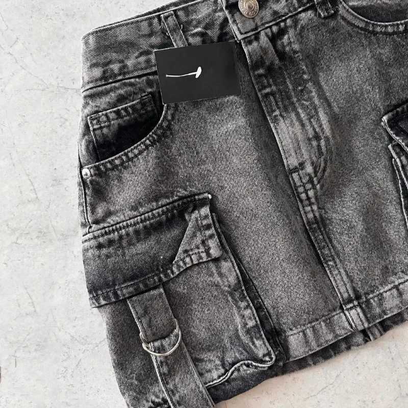 Harajuku Multiple Pockets Denim Plaid Skirt Vintage Goth Black Y2k Mini Skir Fashion Womens Casual Versatile Sexy StreetwearXJ250320