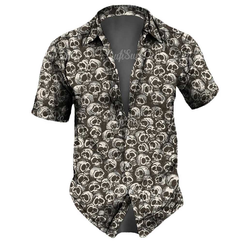 Skull Mens Shirts Lapel Streetwear Vintage Shirt For Men Street Hip Hop Short Sleeve Top Party Summer Men Hawaiian Shirts M250320