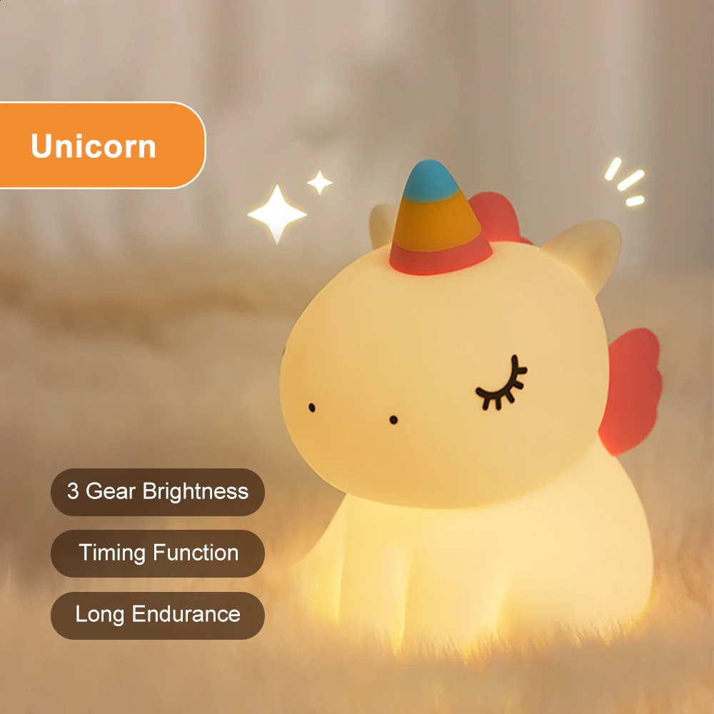unicorn Cute Silicone LED Night Light For Kids children USB Rechargeable Cartoon Animal bedroom decor Touch Night Lamp for gifts 250319