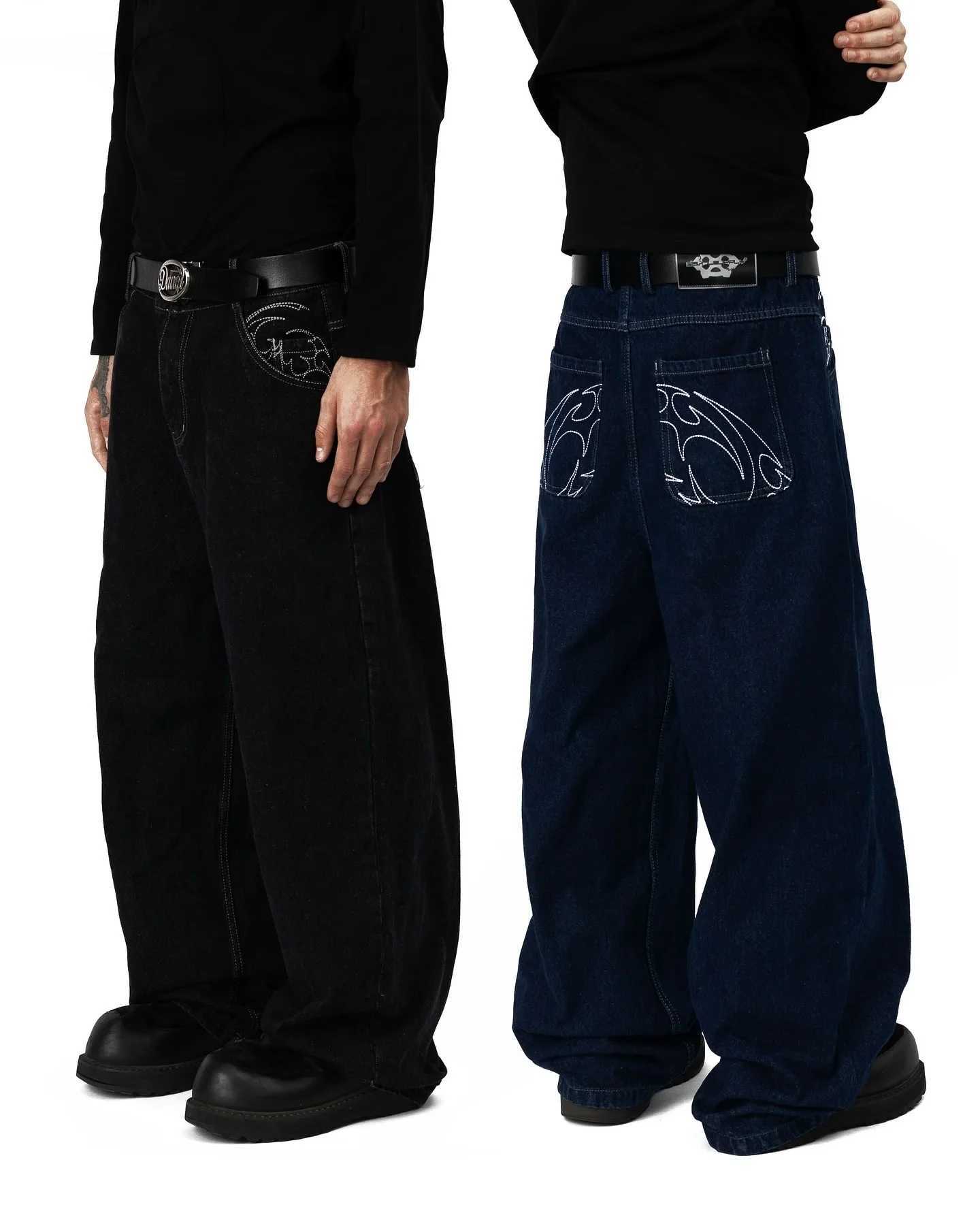 2024 New American Retro Decorative Embroidered Pocket Black Jeans Mens Y2K Gothic Hip Hop Straight Denim PantsT250319
