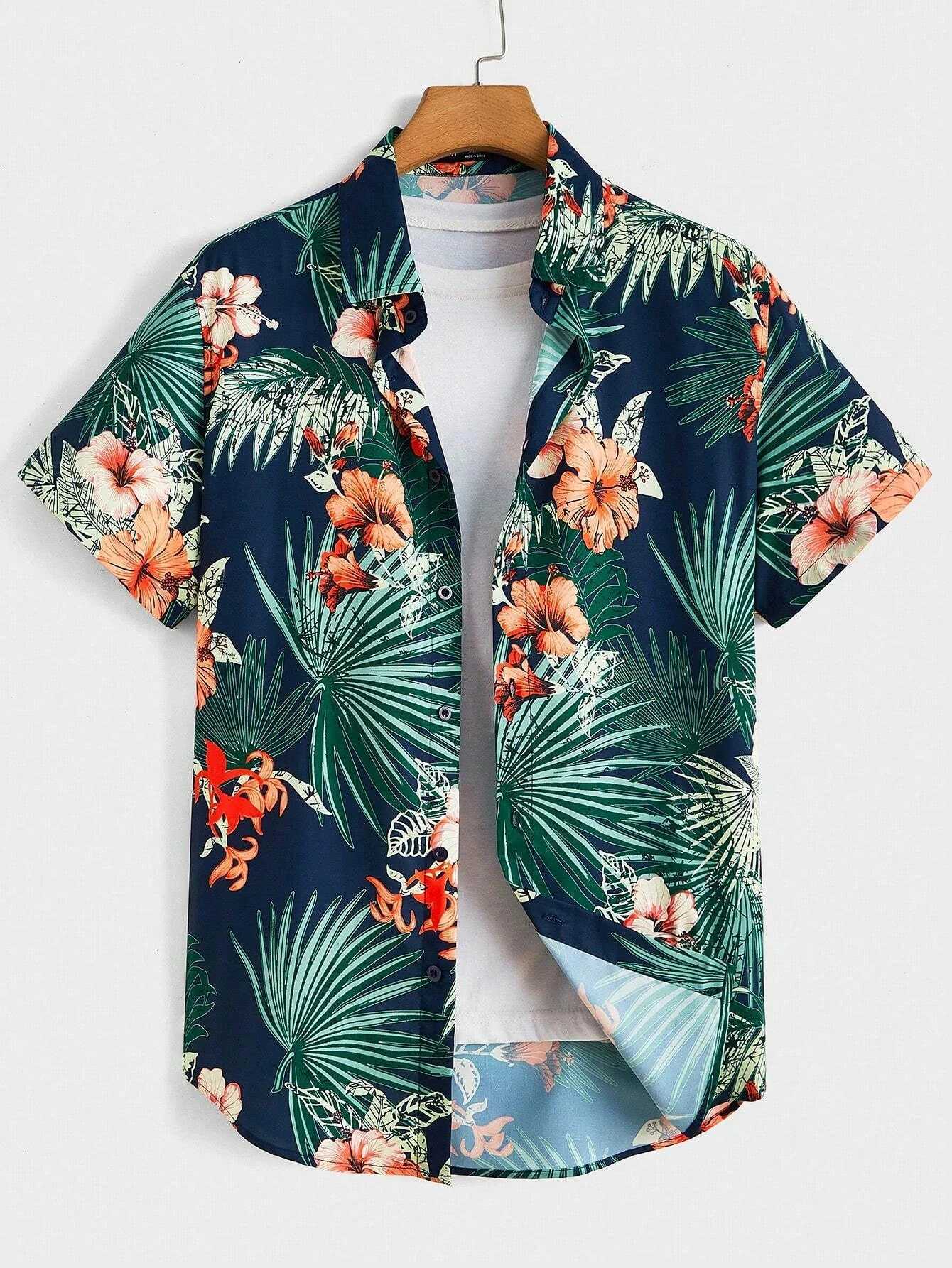 Hawaiian Botanical Flower Print Mens and Womens Short Sleeve Lapel Seaside Button-Down Shirt Top Casual Fashionable Shirts M250320