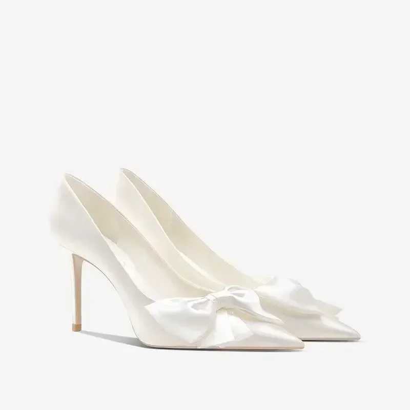 New brides white satin bow high-heeled shoes Y250319