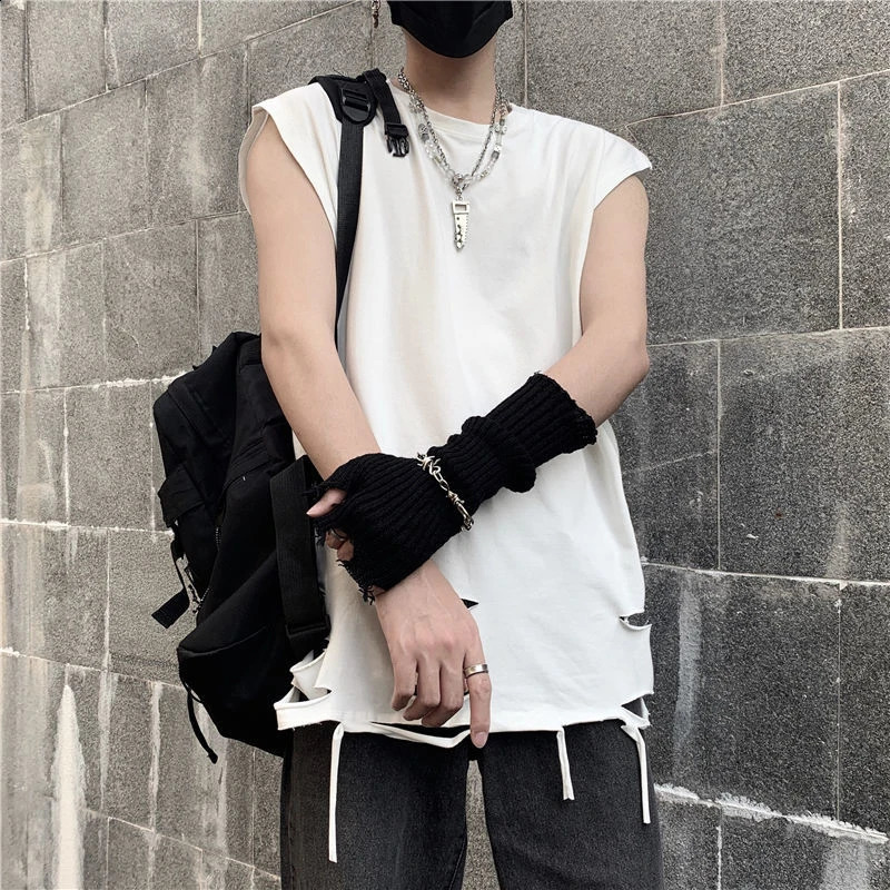 Sleeveless ripped hole mens vest top Korean fashion trend 2xl 3xl super sized full matching inner T-shirt hip-hop punk streetwear 250318
