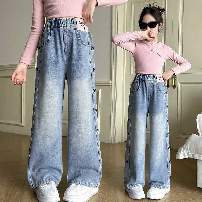 Girls Spring Thin Side Seam Embroidered Bowknot Jeans Loose Straight Wide Leg Denim Pants Teenagers Pure Color Washed TrousersT250326