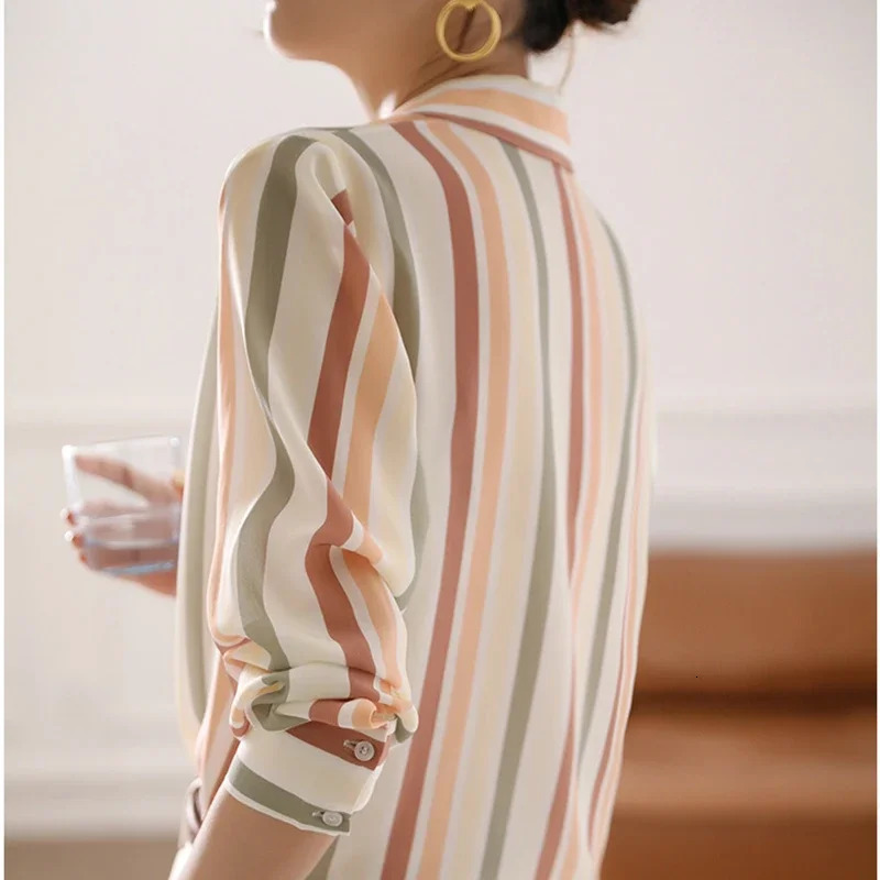 Stripe Women Shirt Satin Vintage Shirt for Women Autumn Clothes Korean Fashion Shirts and Blouses Basic Elegant Womens Tops 250320