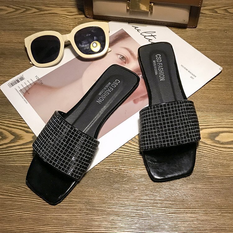 Summer Women's Slippers Designer Flat Fashion Sandals Rhinestone 2025 Sandal One Line Drag Korean Version Instagram Grid Casual Shoes