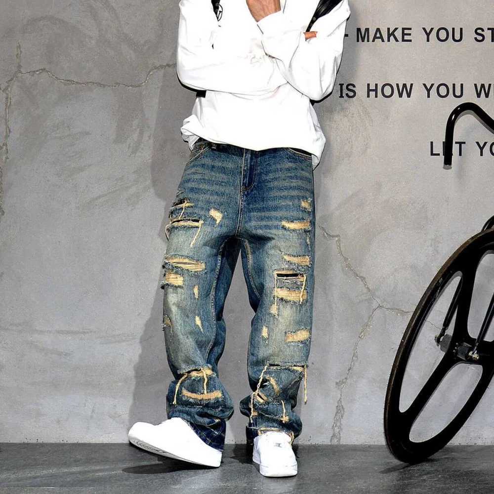 Mens Ripped Baggy Jeans Distressed Denim Streetwear Skateboard Pants Straight Leg Patchwork Oversized Urban Fashion WorkwearT250319