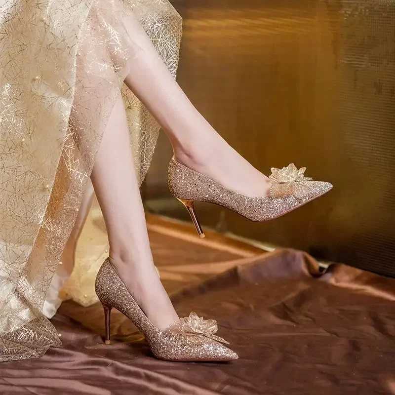 French crystal Sier High H Wens 2024 new bow solid shiny Wens shoes Wen Pointed Toe leisure pump Y250319