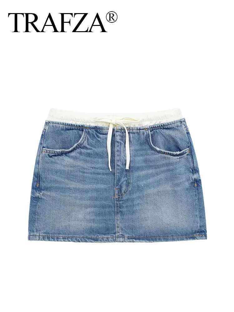 TRZA 2024 Denim Mini Skiing Womens Tie Bow High Waist Skiing Womens Fashion Splicing SkiingXJ250320