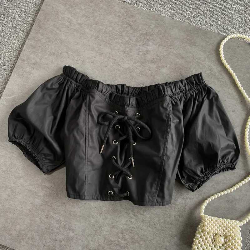 Summer New Girls Shirt French Square Neck Cropped Navel Kids Tops Black Off Shoulder Clothes for Teenagers Children Blouses 8 YT250320