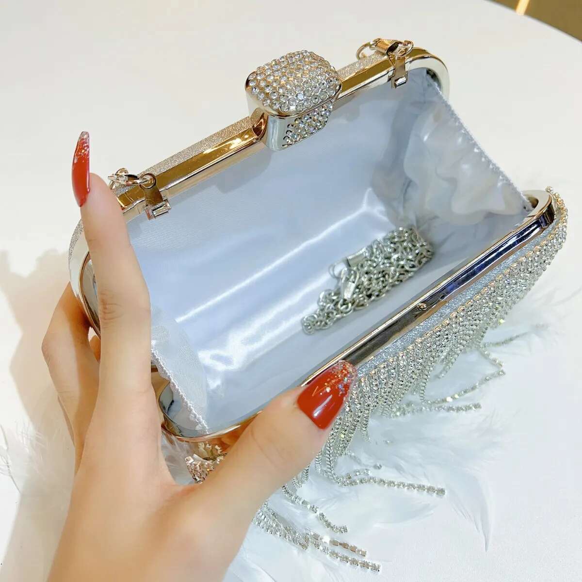 Ostrich Hair Veet Crystal Rhie Dia Evening Women Handbag Wedding Party Clutch Purse Crossbody Bag Ins
