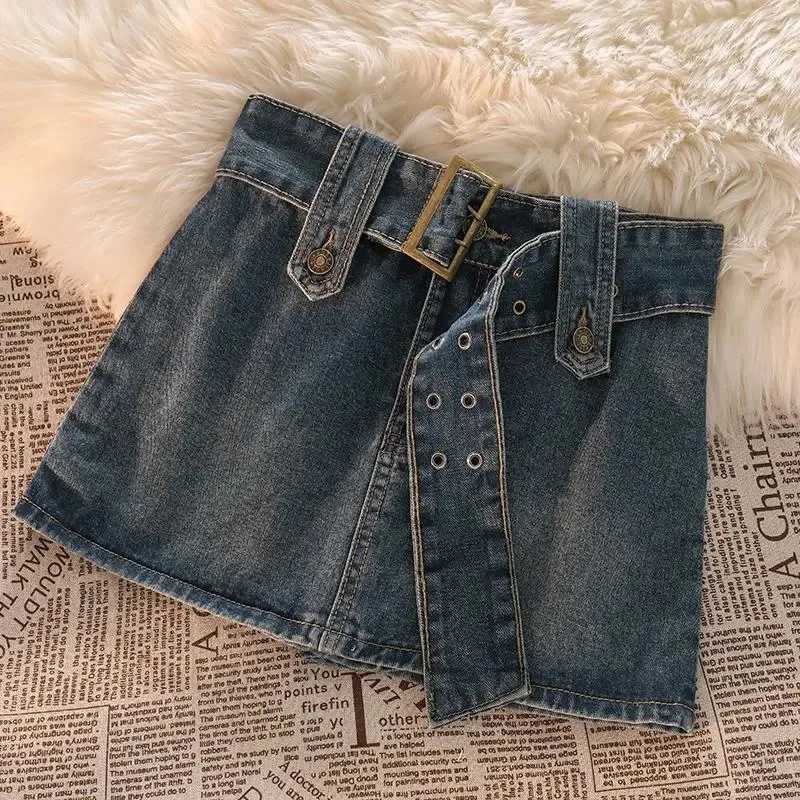 Retro Womens Denim Mini Leather Goods Summer Solid Belt Sexy Jeans Leather Goods Fe Casual Clothing Korean Ultra Thin A-line Leather Goods NewXJ250320