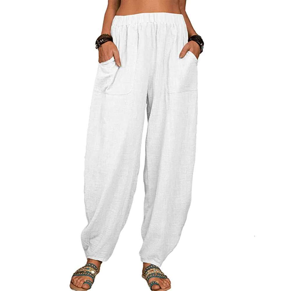 Women Cotton Summer Casual Vintage Pockets Thin Beach Trousers Female Elastic Waist Wide Leg Retro Loose Harem Pants
