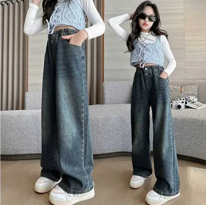 Teen Girls Jeans with Bowknot Embroidery Autumn Winter Casual Fashion Kids Wide Leg Jeans Pants School Children Denim TrousersT250326
