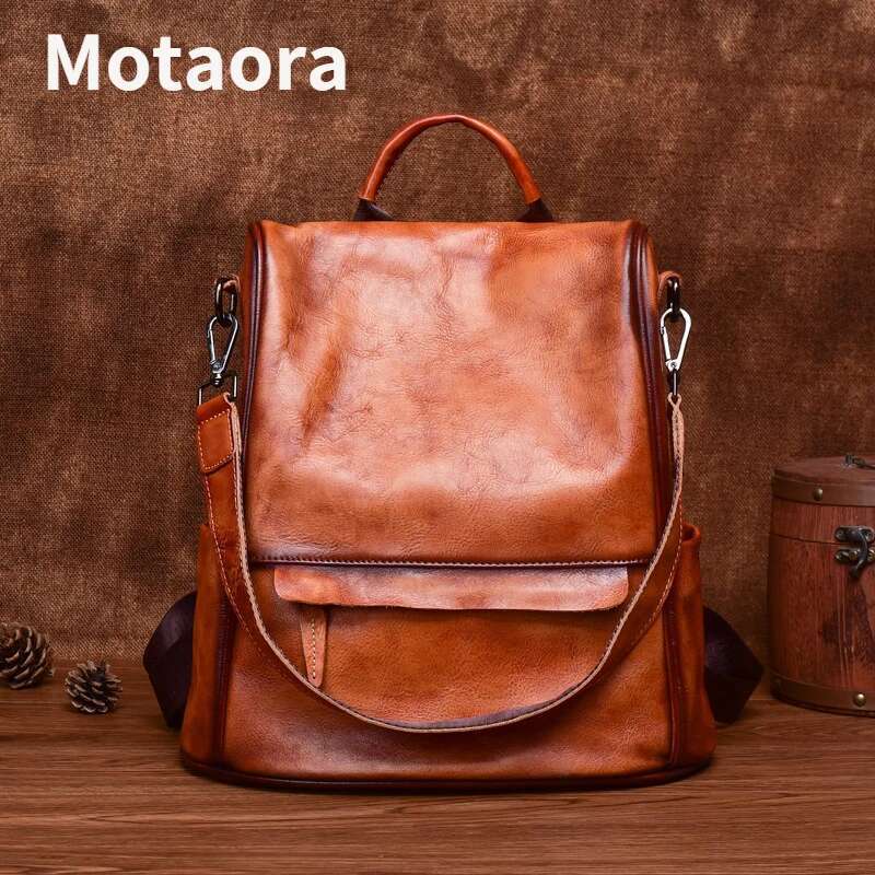 MOTAORA Vintage Large Capacity Women's Backpacks Anti Theft Genuine Leather Backpack Cowhide Woman Travel Bagpack Women