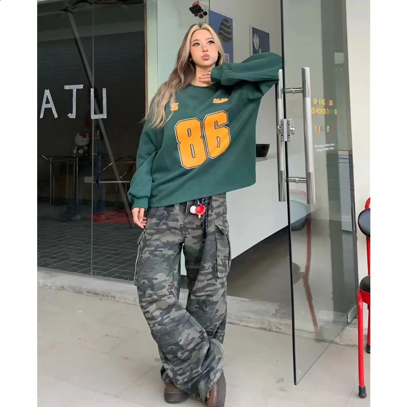 Camouflage Jeans Women Y2K Hip Hop Vintage High Waisted Jeans Straight Streetwear Casual Loose Large Size Wide Leg Denim Pants 250319