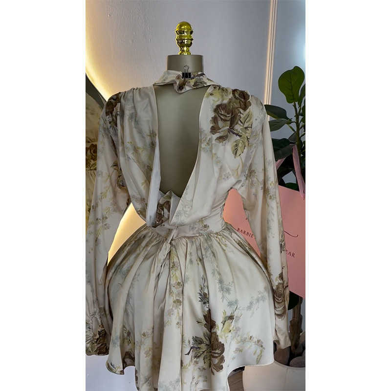 Women's Spring New Style Elegant Printed V-neck Lantern Sleeve High waisted Dress Short Skirt 250315