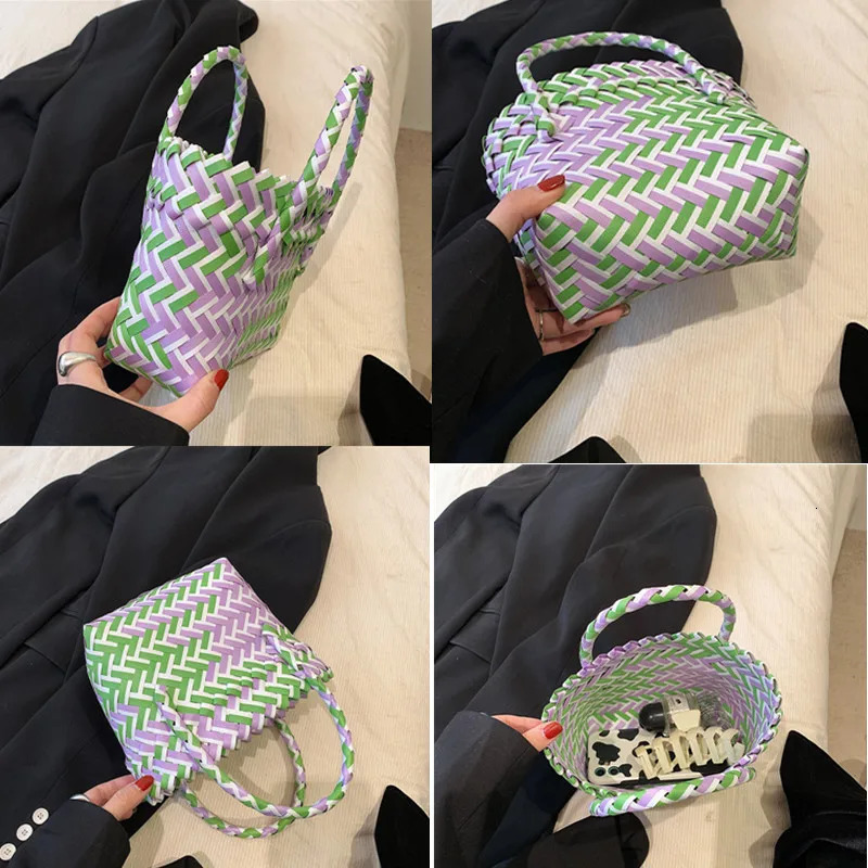 Woven Handbag Colorful Basket Color Matching Vegetable Bag Beach Handmade bag Popular Women New Female Shopping Tote Female Sac R250320