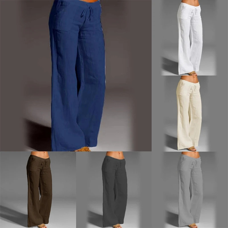 Women Cotton Linen Wide Leg Pants Fashion Elastic Drawstring Waist Straight Long Pants Loose Casual Solid Pockets Trousers 250320