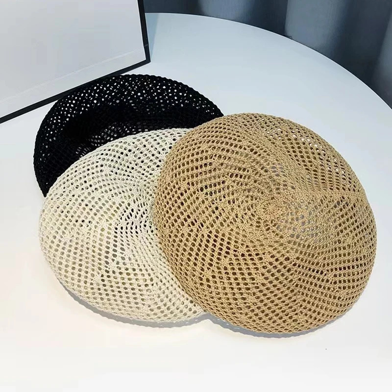 Japanese Knitted Hollow Berets for Women Summer Thin Knitted Painter Caps Ins Simple Korean Version Versatile Pumpkin Beret Hat 250320