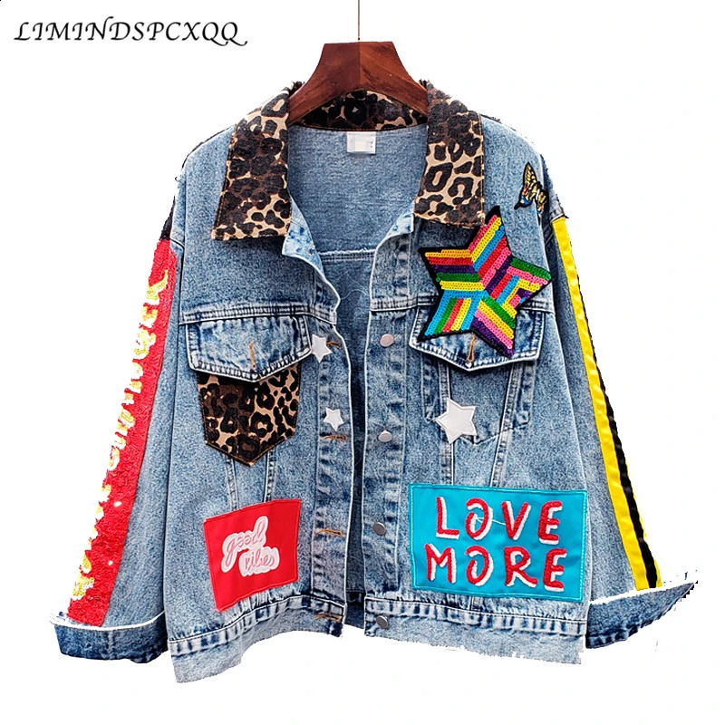 Sparkling loose denim jacket for girls high school party jeans Coats womens womens nightclub jacket Chaqueta Mujer 250317